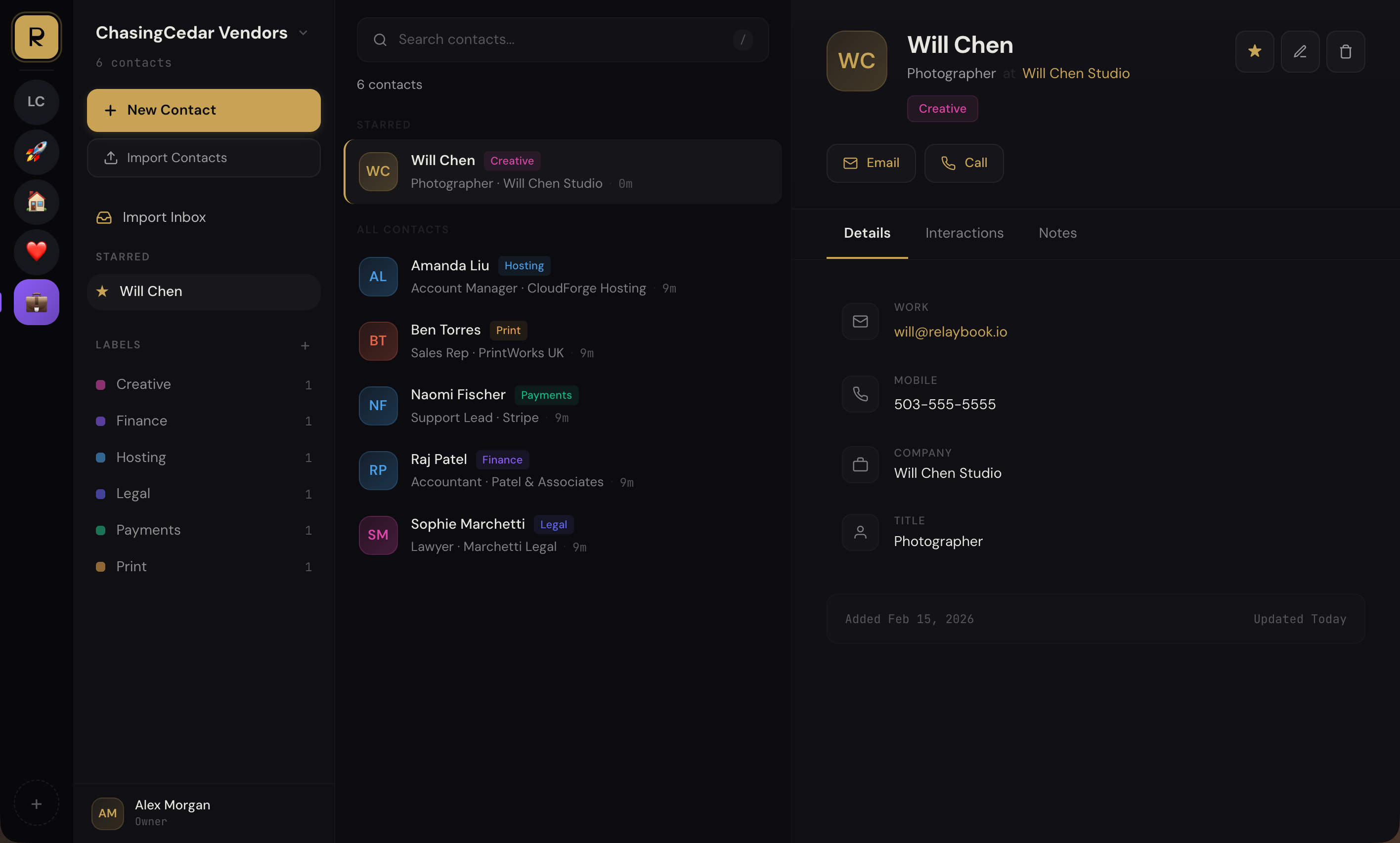 RelayBook app — shared contact management with labels, notes, and collaboration